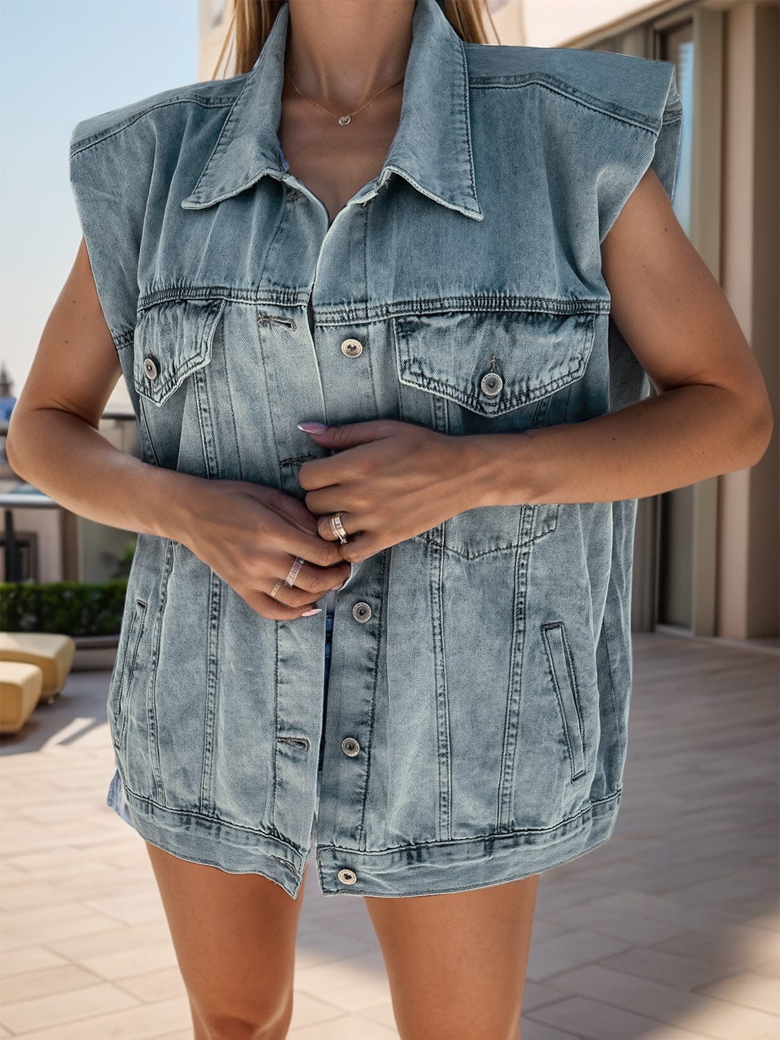 Pocketed Button Up Cap Sleeve Denim Jacket - Trendsi
