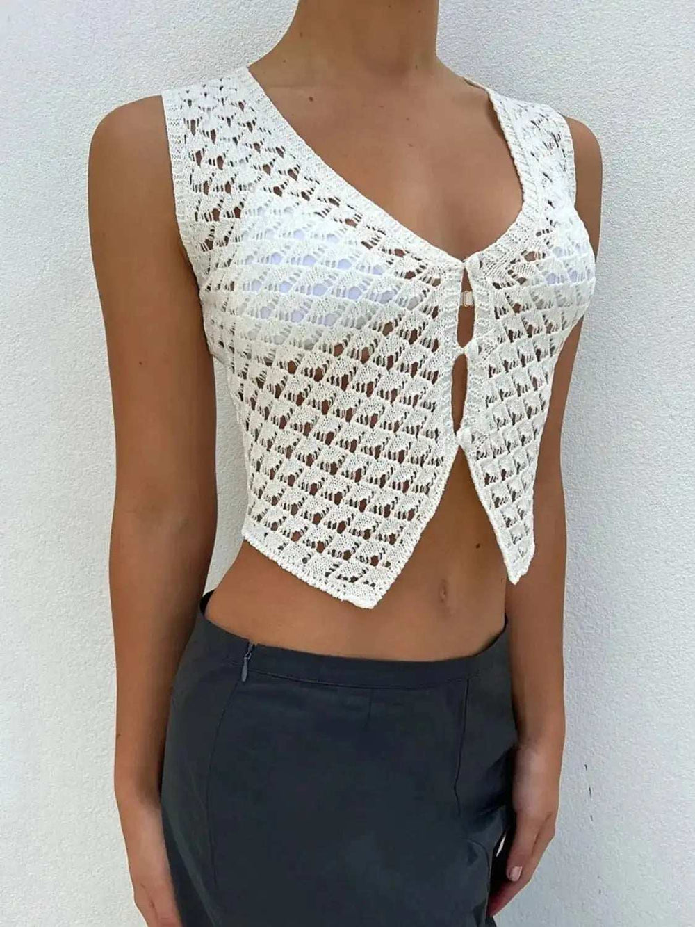 Openwork V-Neck Sweater Vest - Trendsi - Flyclothing LLC