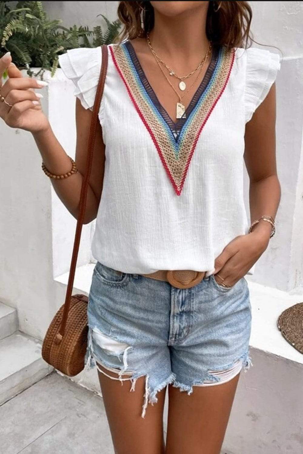 Full Size Ruffled V-Neck Cap Sleeve Blouse - Trendsi - Flyclothing LLC