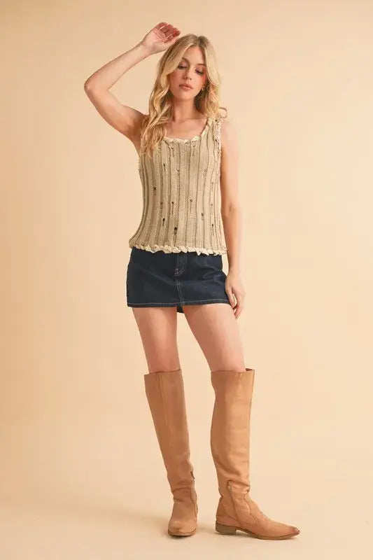 Aemi+Co Distressed Detail Round Neck Knit Tank - Trendsi - Flyclothing LLC