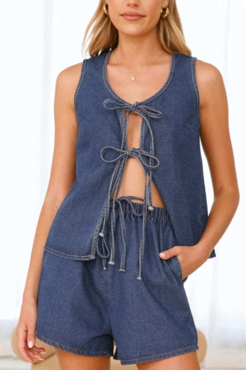Tied Front V-Neck Vest and Shorts Denim Set - Trendsi - Flyclothing LLC
