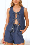 Tied Front V-Neck Vest and Shorts Denim Set - Trendsi - Flyclothing LLC