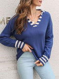 Striped Trim Drop Shoulder Sweater - Trendsi