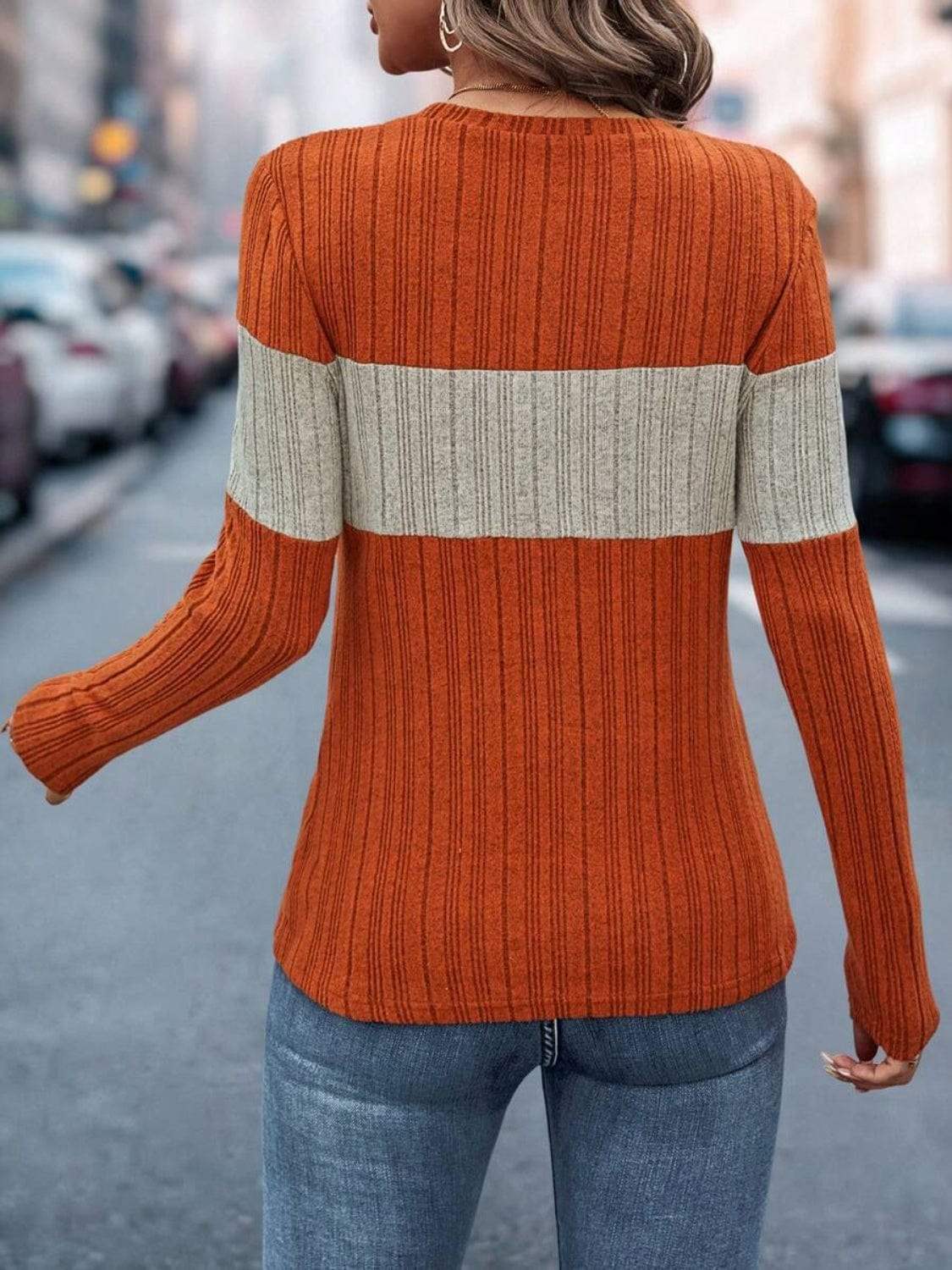 Color Block Round Neck Long Sleeve Top - Trendsi - Flyclothing LLC