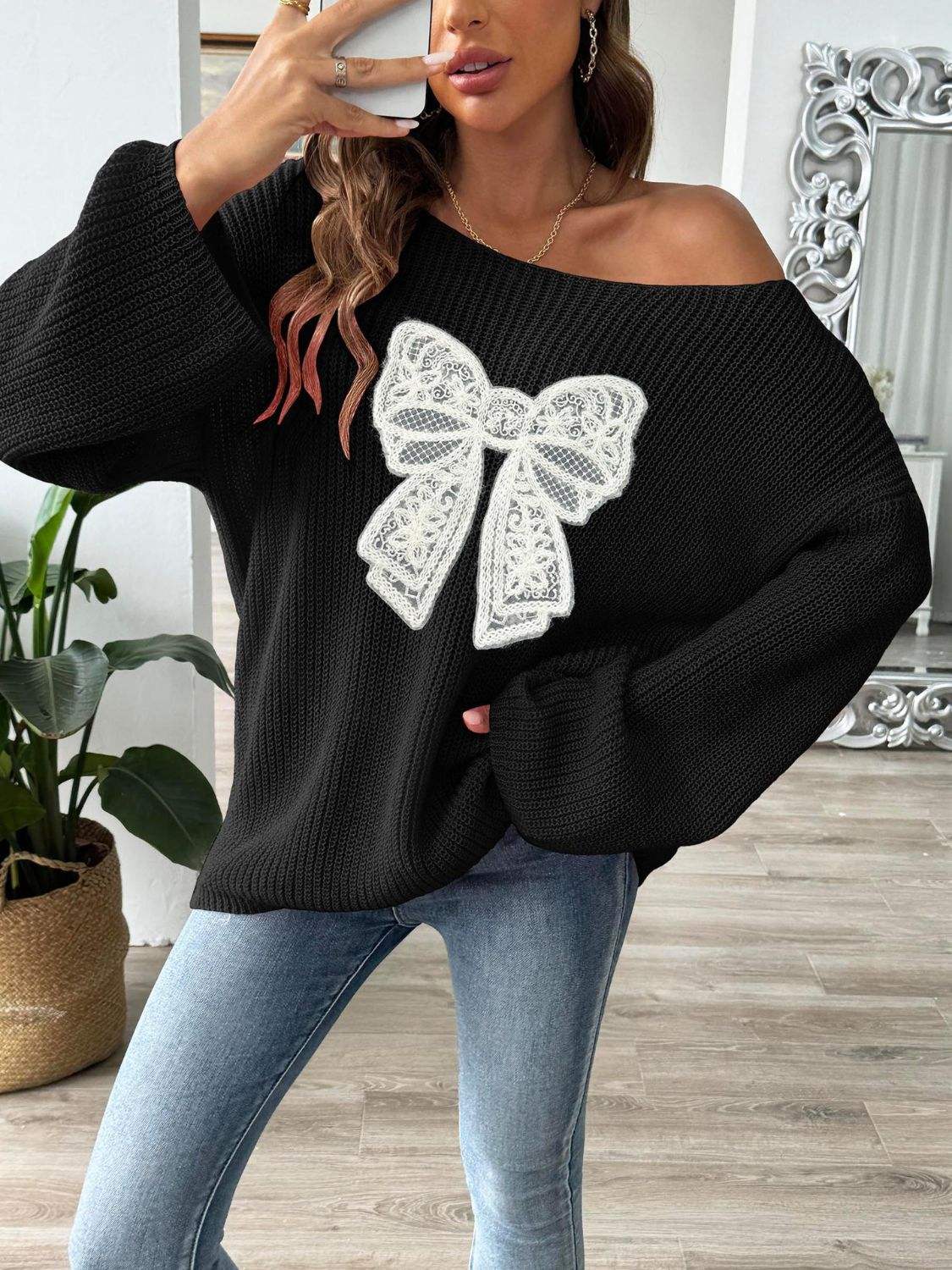 Bow Boat Neck Long Sleeve Sweater - Trendsi - Flyclothing LLC