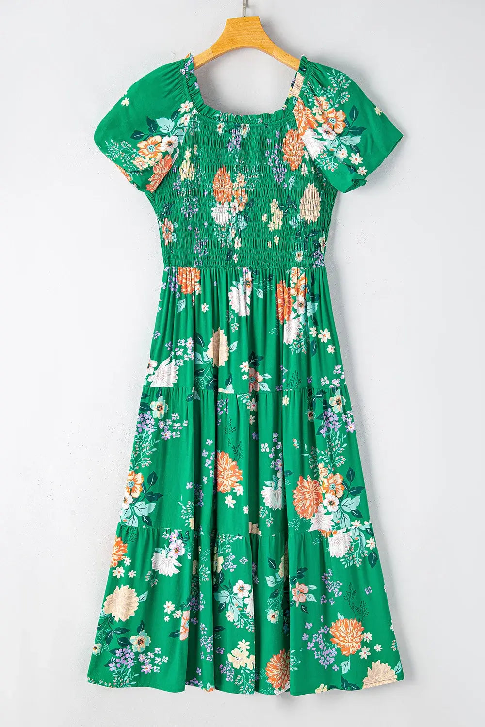 Floral Print Bubble Sleeve Smocked Tiered Midi Dress - Trendsi - Flyclothing LLC
