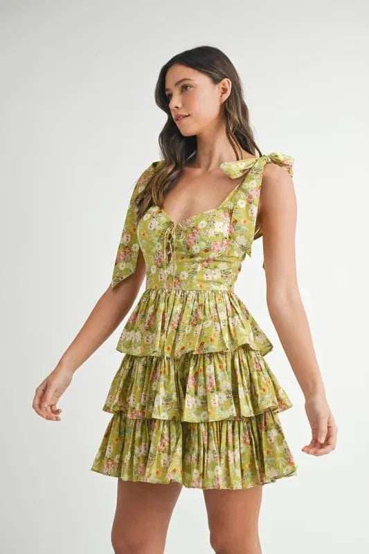 MABLE Floral Print Shoulder Tie Layered Mini Dress - Trendsi - Flyclothing LLC