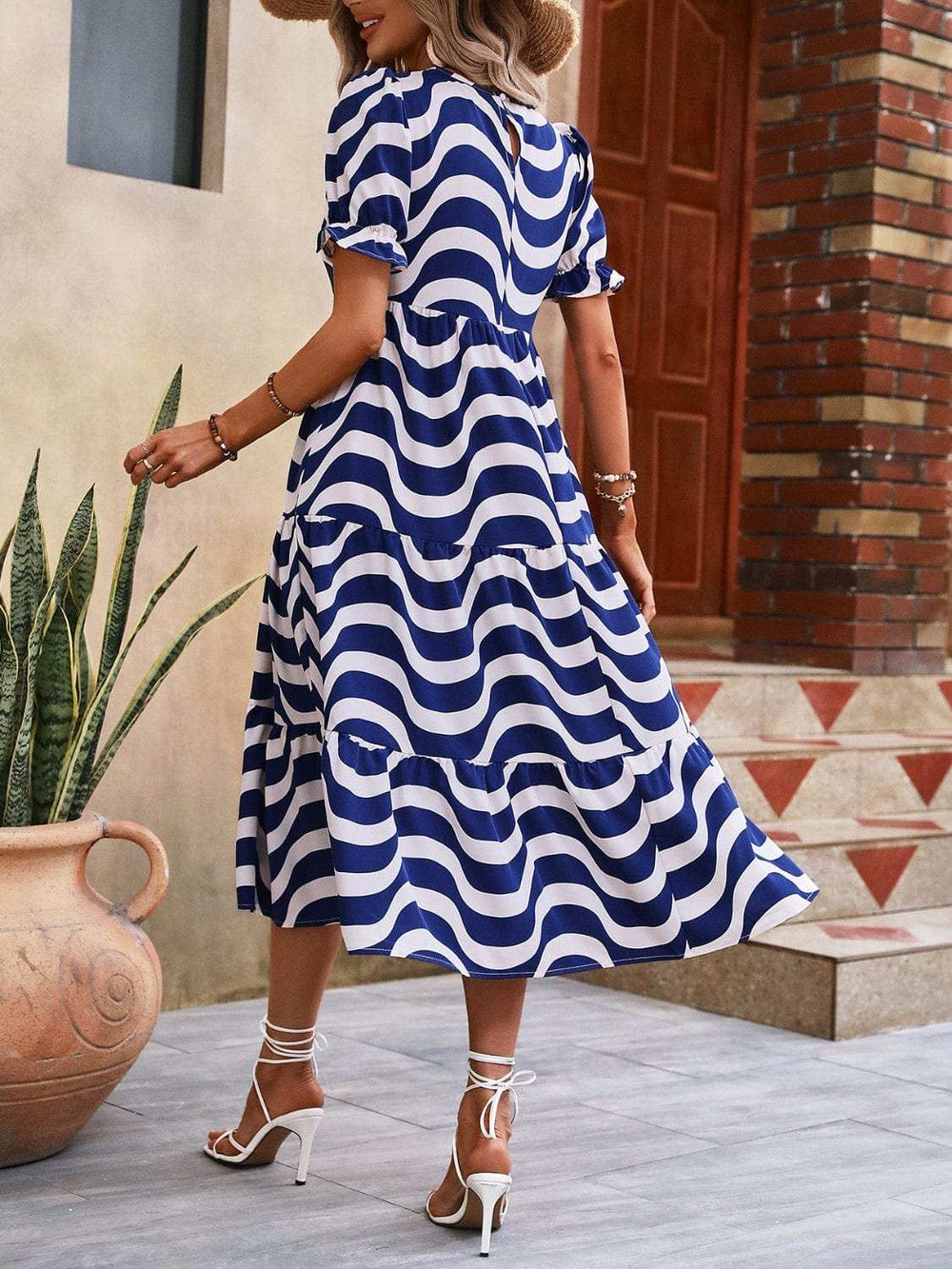 Wavy Striped Round Neck Short Sleeve Dress - Trendsi - Flyclothing LLC