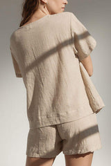 Plaid Tied Scoop Neck Short Sleeve Top and Drawstring Shorts Set - Trendsi - Flyclothing LLC