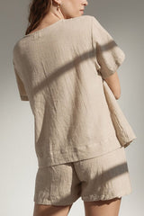 Plaid Tied Scoop Neck Short Sleeve Top and Drawstring Shorts Set - Trendsi