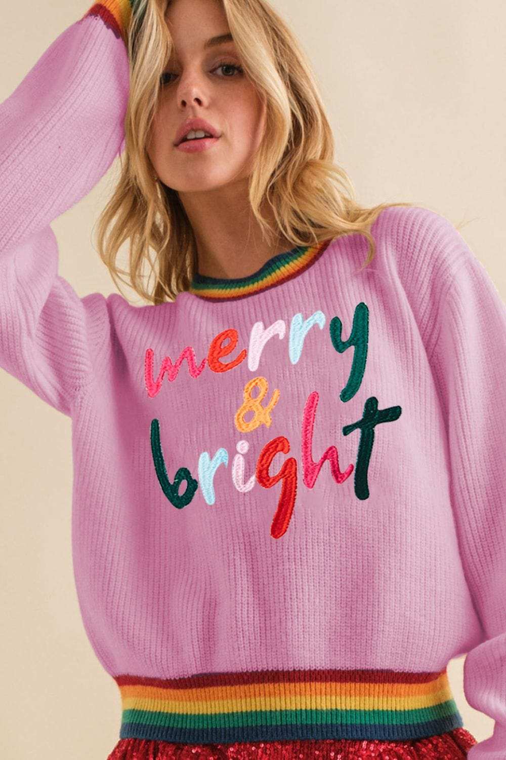 MERRY & BRIGHT Ribbed Round Neck Sweater - Trendsi - Flyclothing LLC