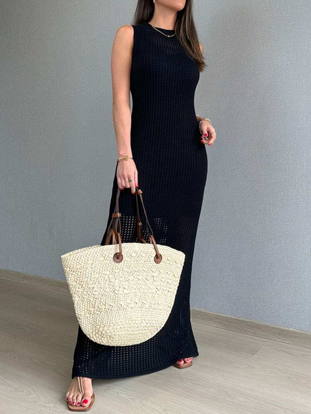 Openwork Slit Round Neck Cover-Up - Trendsi - Flyclothing LLC