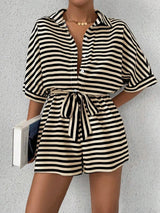 Tie Waist Half Button Striped Romper - Trendsi - Flyclothing LLC