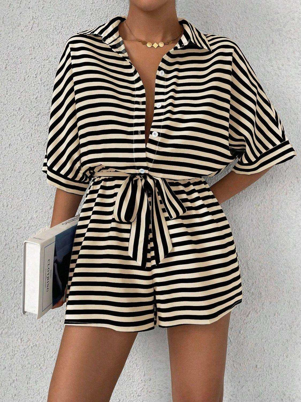 Tie Waist Half Button Striped Romper - Trendsi - Flyclothing LLC