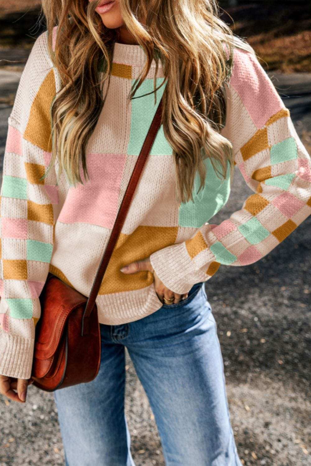 Checkered Round Neck Drop Shoulder Sweater - Trendsi - Flyclothing LLC