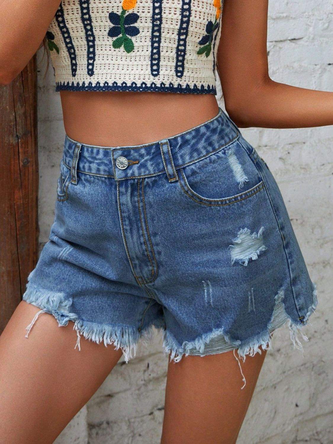 Distressed Raw Hem Denim Shorts - Trendsi - Flyclothing LLC