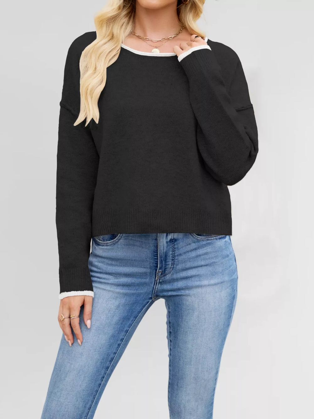Round Neck Dropped Shoulder Sweater - Trendsi - Flyclothing LLC