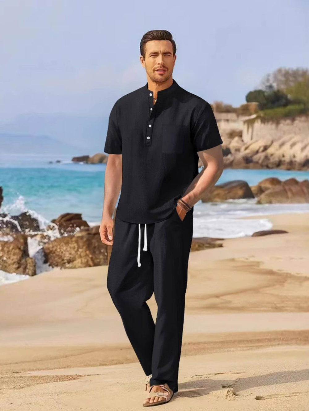 Men's Full Size Half Button Top and Drawstring Pants Set Plus Size - Trendsi