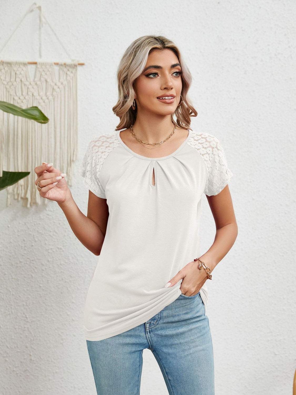 Lace Detail Round Neck Short Sleeve T-Shirt - Trendsi - Flyclothing LLC