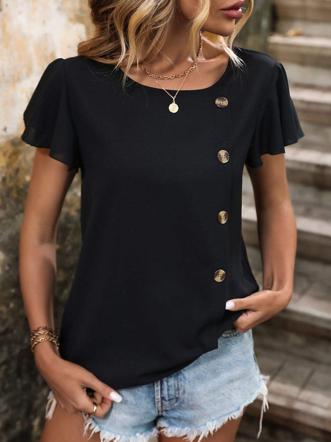 Decorative Button Round Neck Short Sleeve Blouse - Trendsi - Flyclothing LLC