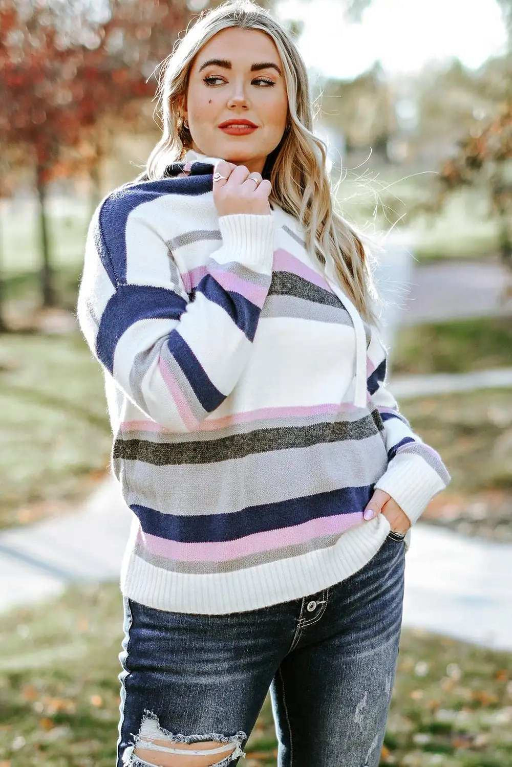 Plus Size Striped Long Sleeve Hooded Sweater - Trendsi - Flyclothing LLC