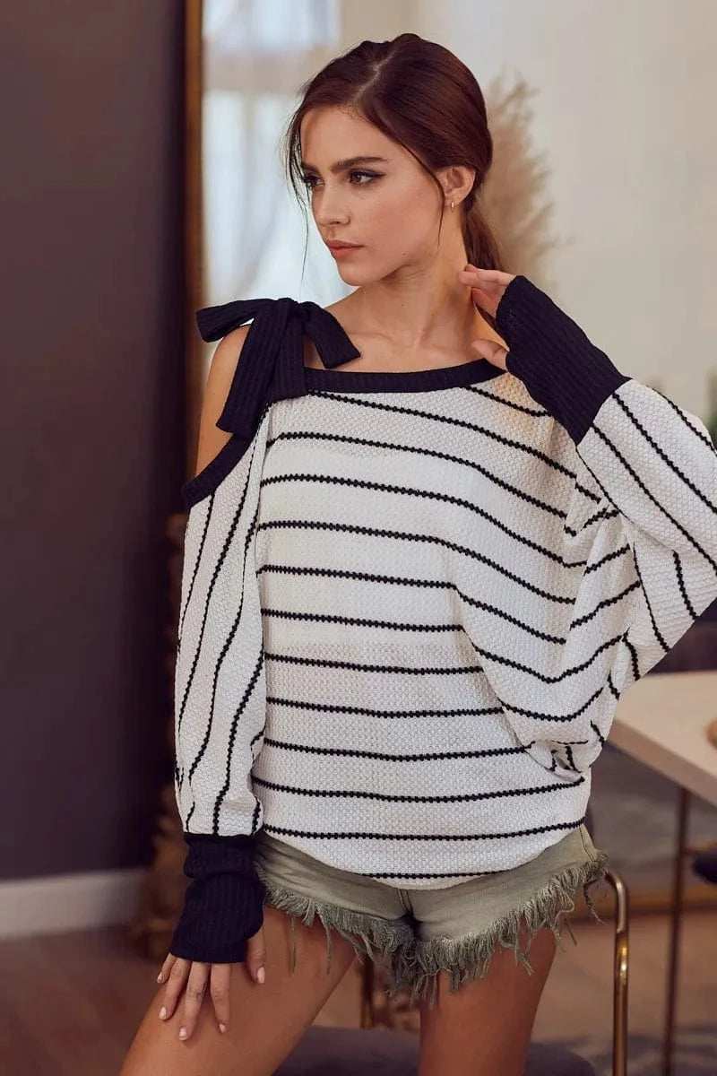 BiBi Stripe Yarn Dye Waffle One Shoulder Ribbon Detail Top - Trendsi - Flyclothing LLC