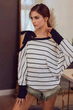 BiBi Stripe Yarn Dye Waffle One Shoulder Ribbon Detail Top - Trendsi - Flyclothing LLC
