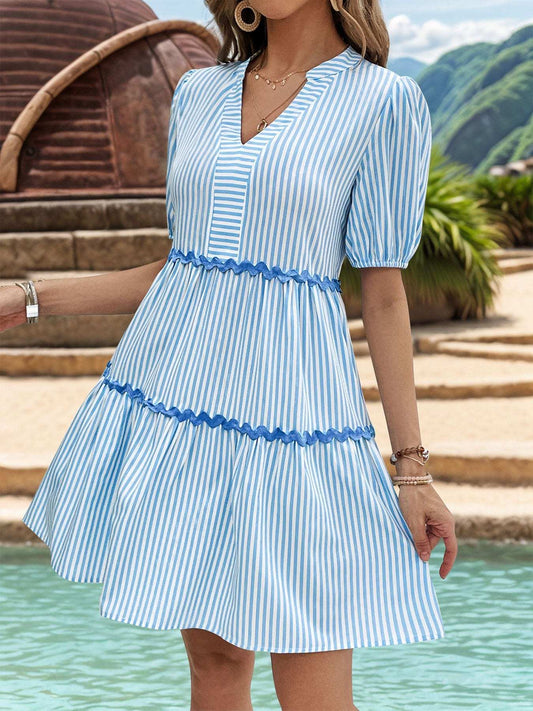 Striped Notched Short Sleeve Mini Dress - Trendsi - Flyclothing LLC