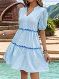 Striped Notched Short Sleeve Mini Dress - Trendsi