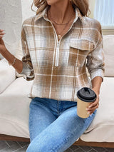 Plaid Collared Neck Half Zip Long Sleeve Top - Trendsi - Flyclothing LLC