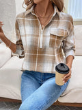 Plaid Collared Neck Half Zip Long Sleeve Top - Trendsi