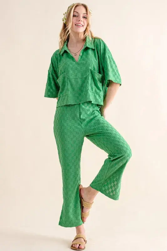 And The Why Brushed Texture Checker Board Pattern Casual Top - Trendsi - Flyclothing LLC
