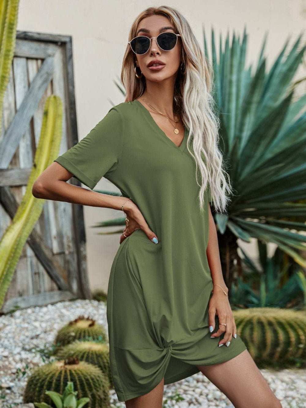 V-Neck Short Sleeve Mini Dress - Trendsi - Flyclothing LLC
