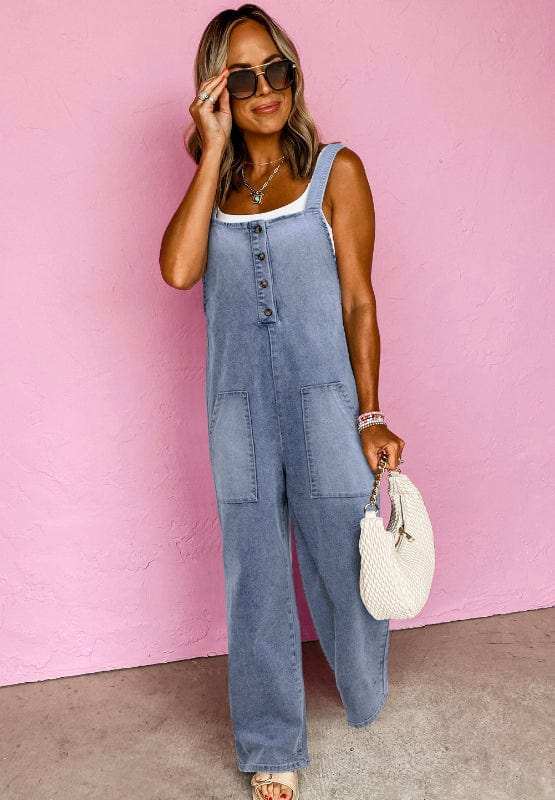 Wide Strap Denim Overalls with Pockets - Trendsi - Flyclothing LLC