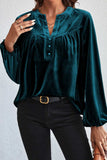 Notched Long Sleeve Velvet Top - Trendsi - Flyclothing LLC