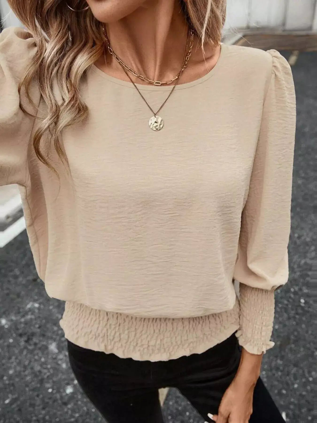 Smocked Waist Round Neck Blouse - Trendsi - Flyclothing LLC