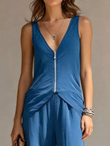 Full Size Zipper Front Tank and Wide-Leg Pants Set Plus Size - Trendsi - Flyclothing LLC