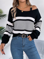 Color Block Asymmetrical Neck Long Sleeve Sweater - Trendsi