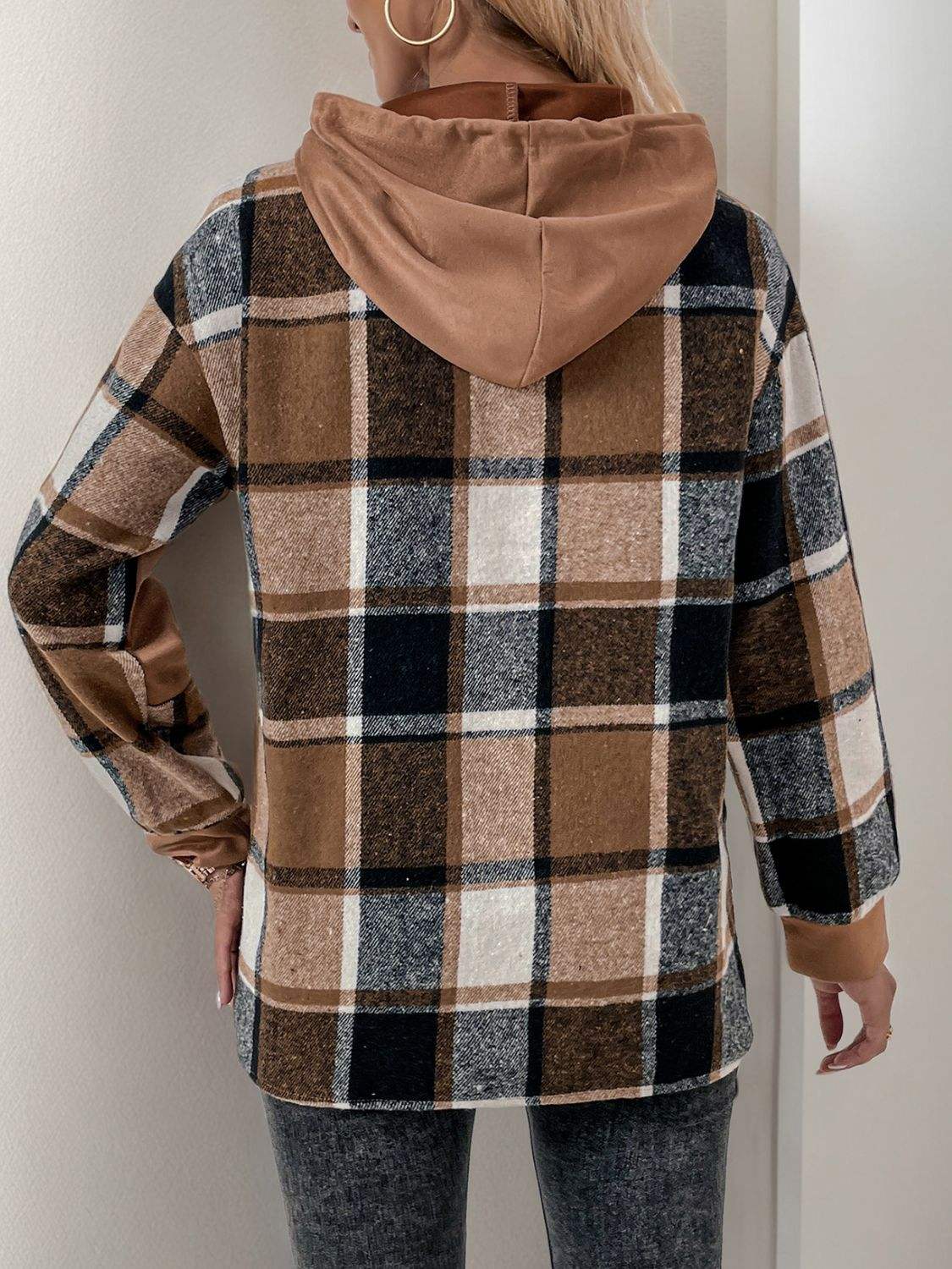 Perfee Drawstring Slit Plaid Long Sleeve Hoodie - Trendsi - Flyclothing LLC