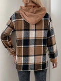 Perfee Drawstring Slit Plaid Long Sleeve Hoodie - Trendsi
