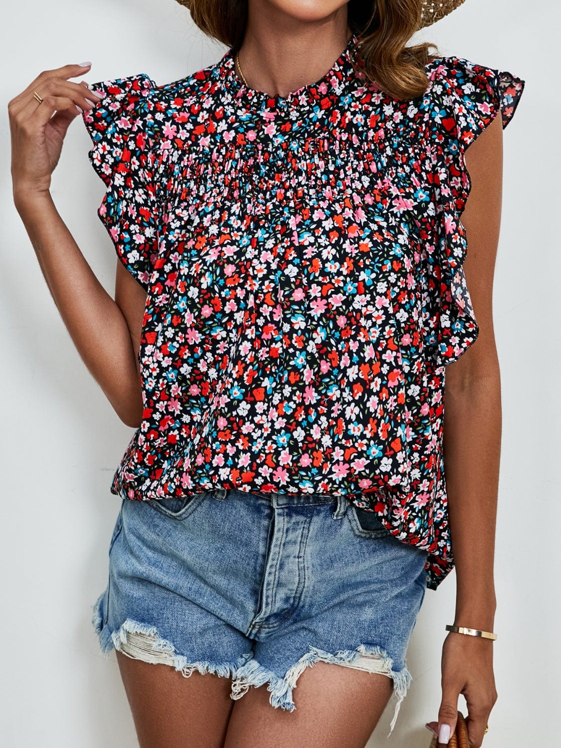 Ruffled Ditsy Floral Mock Neck Cap Sleeve Blouse - Trendsi