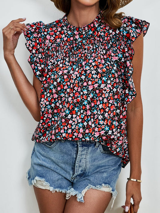 Ruffled Ditsy Floral Mock Neck Cap Sleeve Blouse - Trendsi