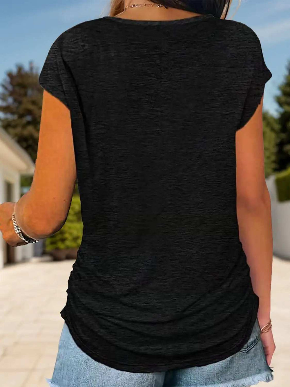 Full Size Half Zip Cap Sleeve T-Shirt - Trendsi - Flyclothing LLC