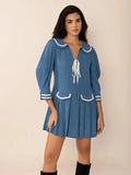 Tie Front Pleated Three-Quarter Sleeve Mini Dress - Trendsi