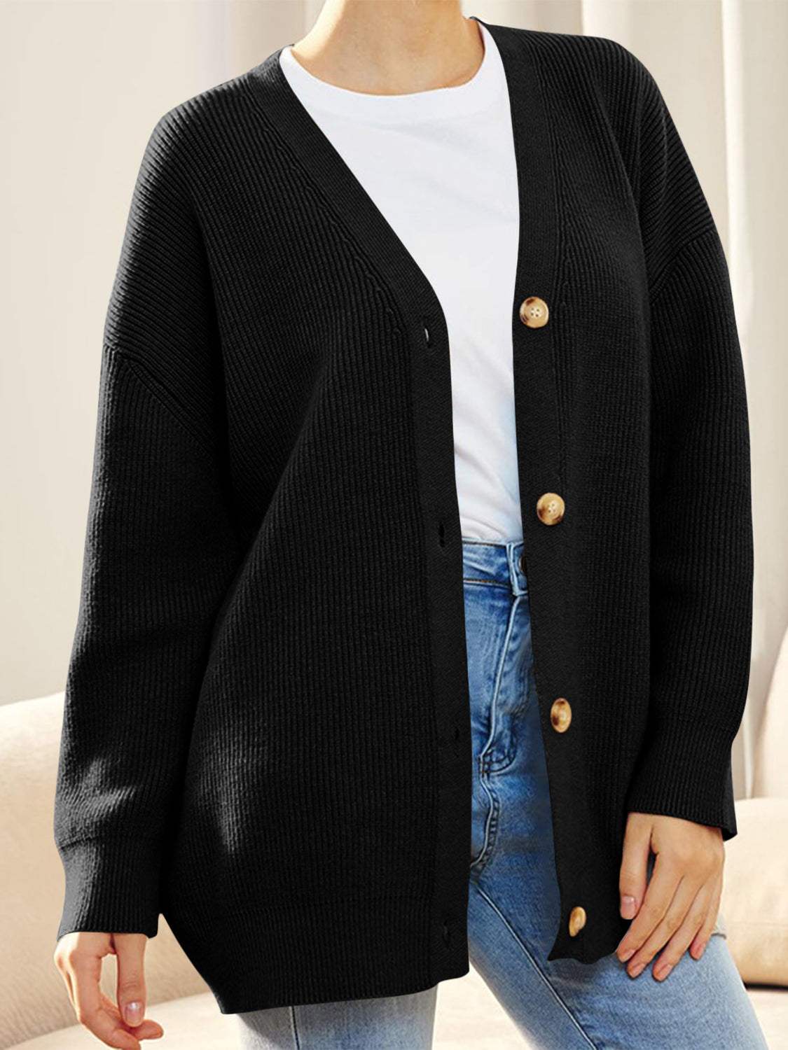 Button Down V-Neck Long Sleeve Cardigan - Trendsi - Flyclothing LLC