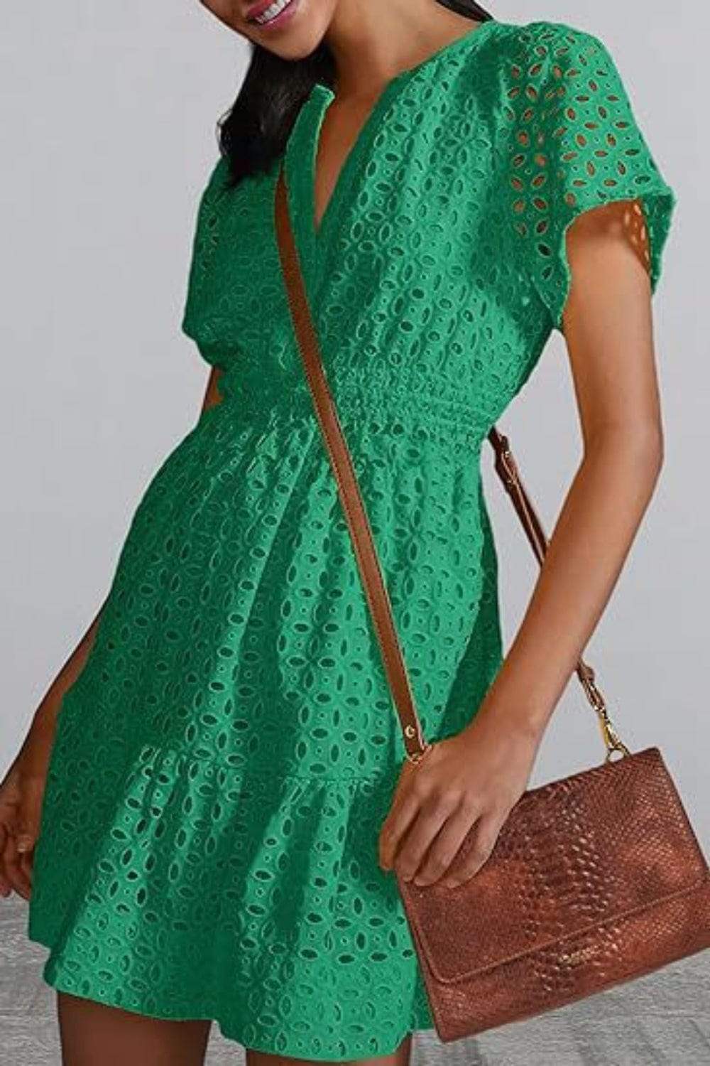 Eyelet Notched Short Sleeve Mini Dress - Trendsi - Flyclothing LLC