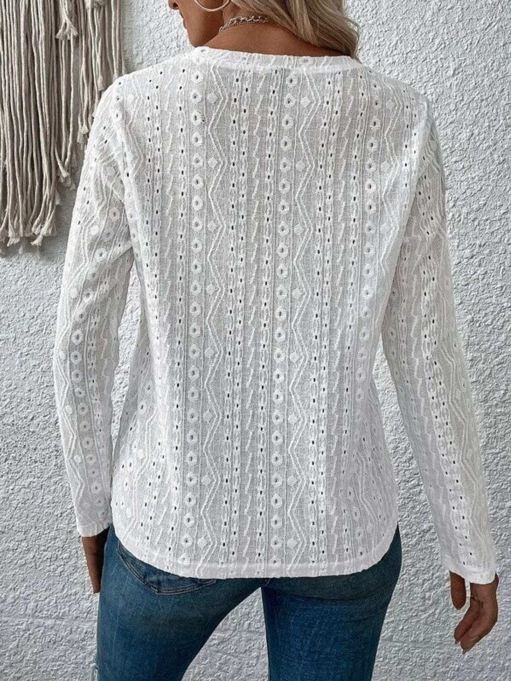 Eyelet Round Neck Long Sleeve Blouse - Trendsi - Flyclothing LLC