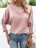 Smocked Round Neck Three-Quarter Sleeve Blouse - Trendsi - Flyclothing LLC