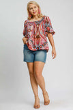 Umgee Full Size Abstract Print Smocked Square Neck Puff Sleeve Blouse - Trendsi - Flyclothing LLC