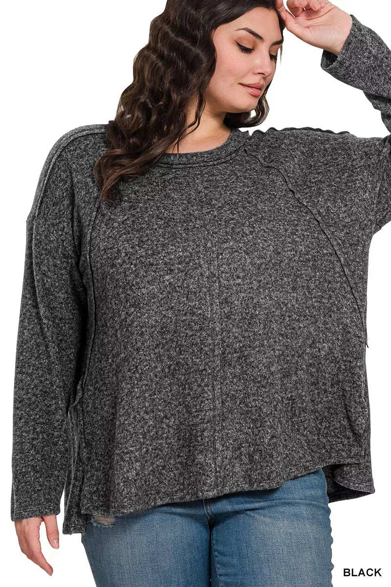 Zenana Full Size Brushed Hacci Exposed Seam Hi Low Sweater Plus Size - Trendsi - Flyclothing LLC